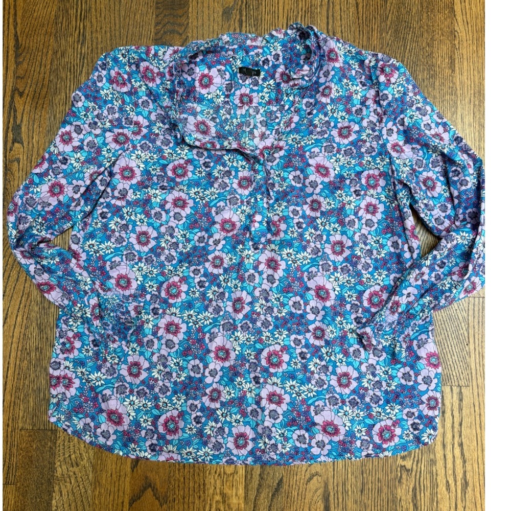 Talbots Blouse Womens XL Blue Floral Ruffle Smocked Long Sleeve Grandmacore